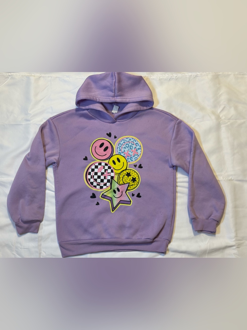 SHEIN Lavender Hoodie with Colorful Smiley Balloon Graphic Size 12Y